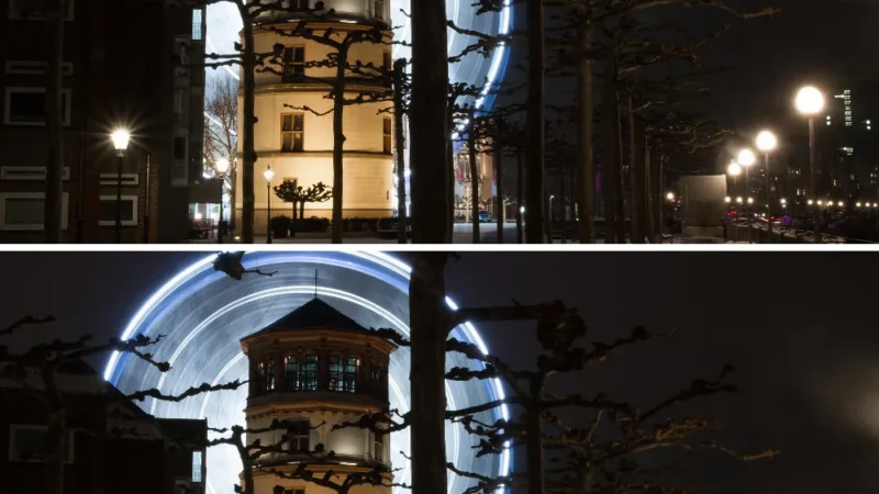 Finde 6 Fehler im Suchbild: Schlossturm Düsseldorf bei Nacht