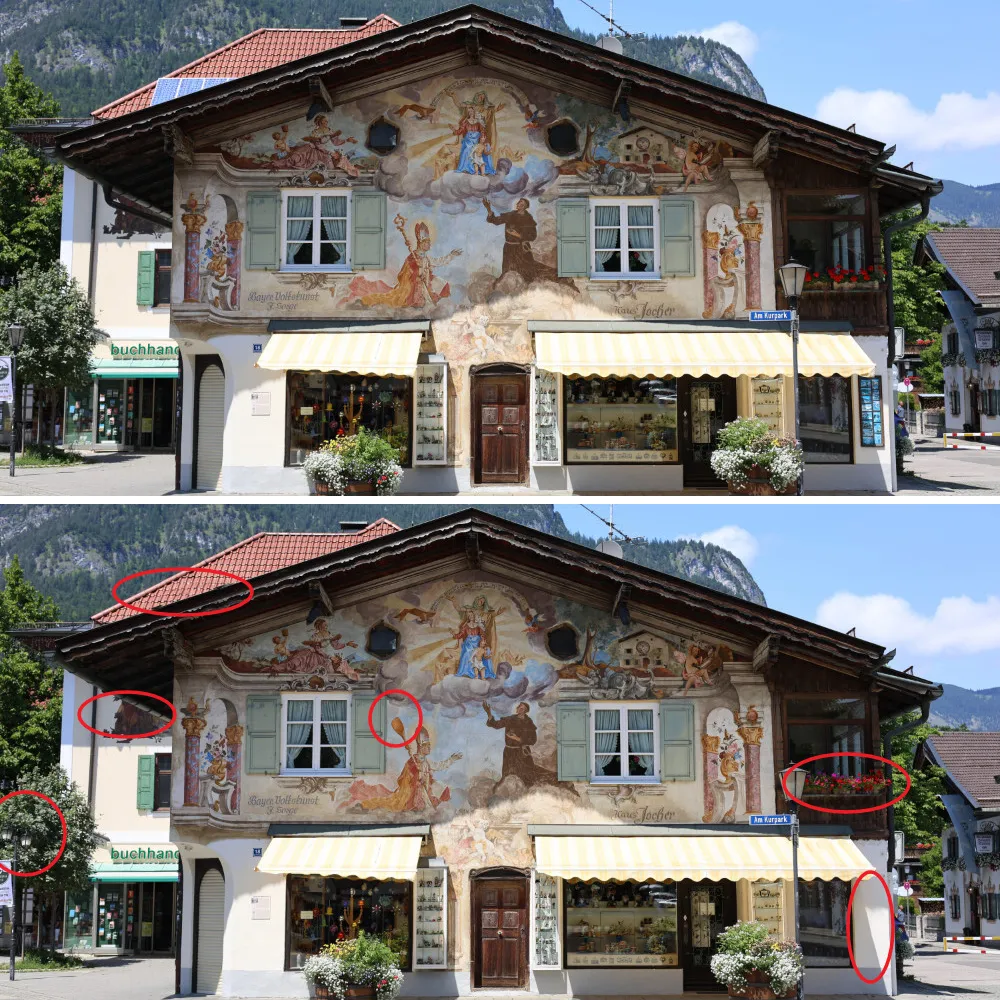 Bild mit einem Haus auf dem eine Lüftlmalerei zu sehen ist. Standort: Garmisch Partenkirchen - Auflösung zum Suchbild