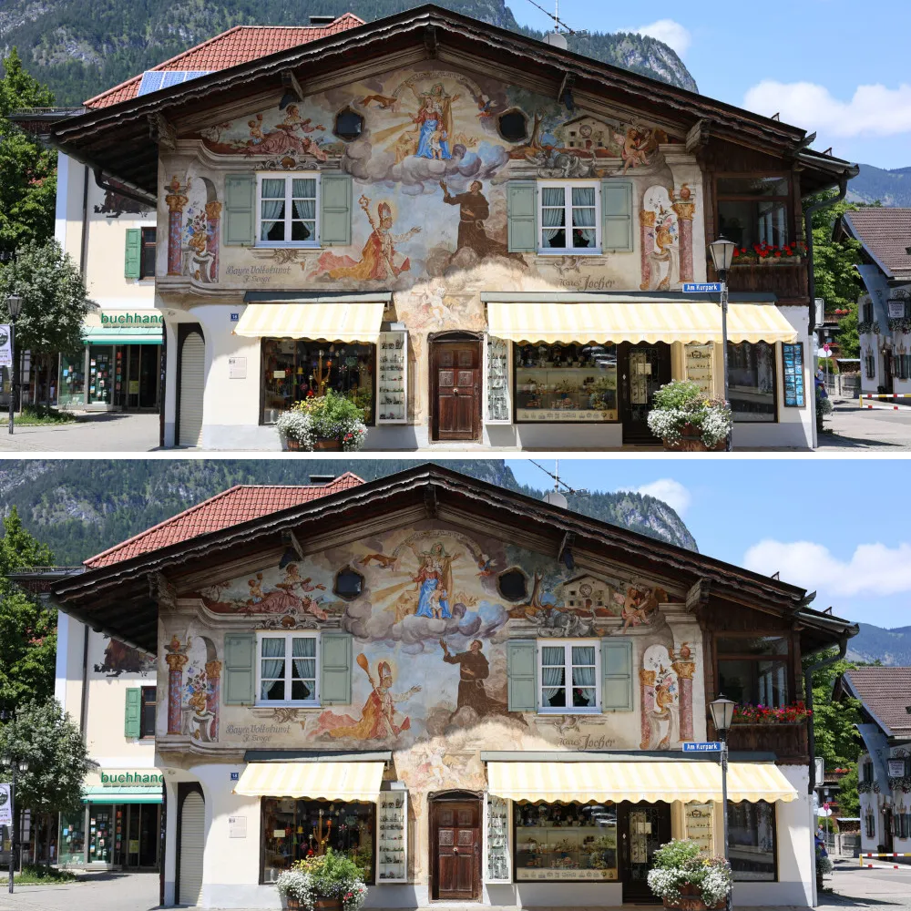 Bild mit einem Haus auf dem eine Lüftlmalerei zu sehen ist. Standort: Garmisch Partenkirchen