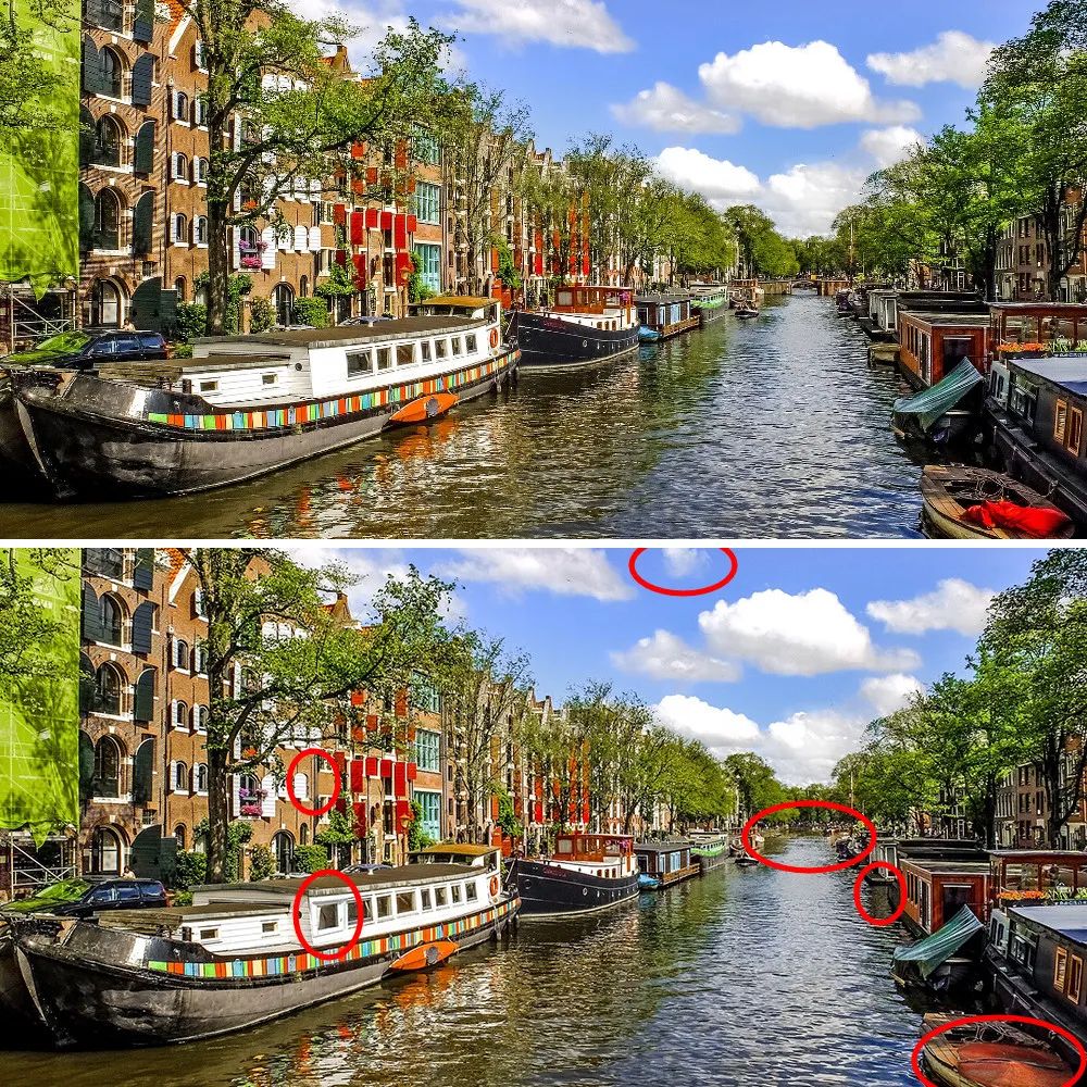 Lösung des Suchbilds mit 6 versteckten Fehlern. Motiv eines Kanals in Amsterdam - Niederlande