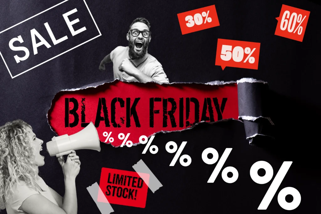 Black Friday, Sale, hohe Prozente, geringe Vorräte - Ein Bild, dass zum Kaufen verleiten soll, ohne konkret zu werden. Schein Schnäppchen sind allgegenwärtig am Black Friday.