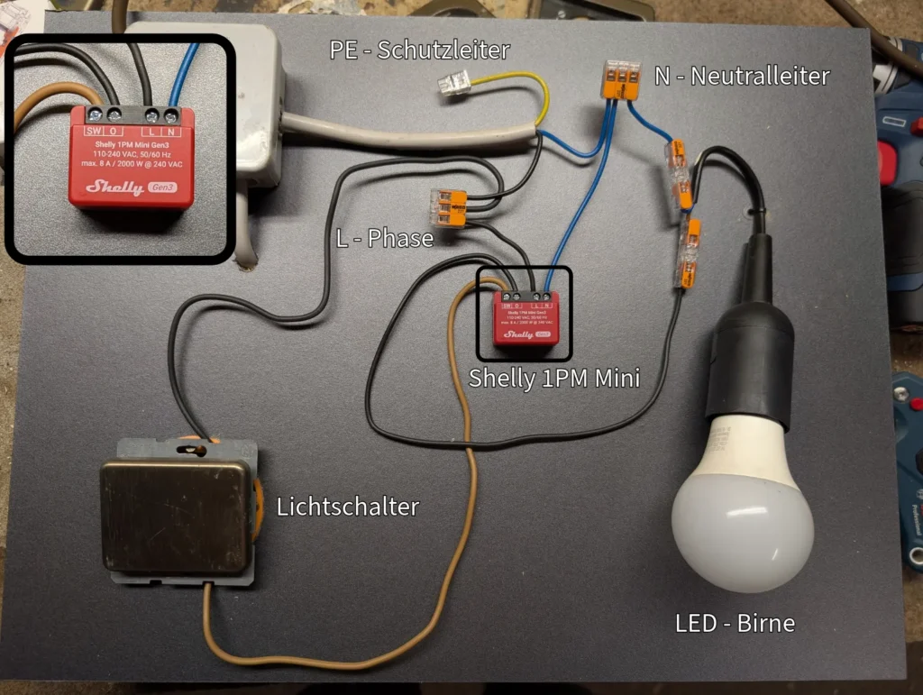 Beispiel für eine Schaltung mit einer Lampe und einem Lichtschalter - zusätzlich Schaltbar per Shelly Relais 1PM Mini